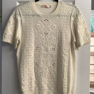 Tory Burch Cream Embroidered Short Sleeve Top